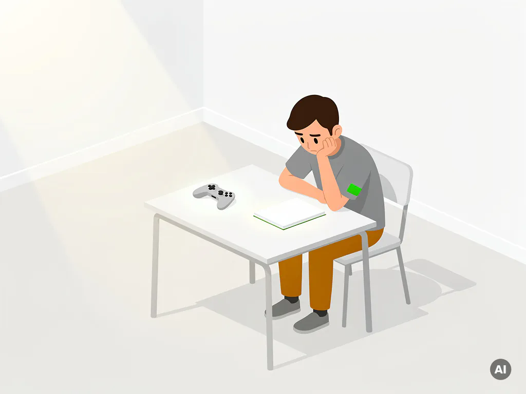 Verveelde leerling aan bureau met onbeschreven notitieboek en gloeiende gamecontroller in witte klas.