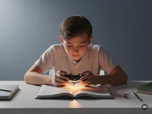 Student leant voorover naar een gloeiende gamecontroller op een open tekstboek, zachte blauw-amberverlichting op een minimalistische bureau.