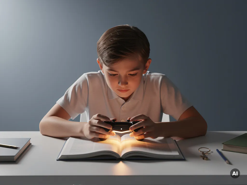 Student leant voorover naar een gloeiende gamecontroller op een open tekstboek, zachte blauw-amberverlichting op een minimalistische bureau.
