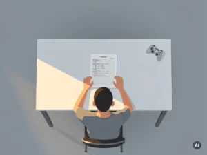 Student staart leeg naar een examenblad op wit bureau, verfrommelde gamecontroller in de hoek, minimalistische bovenaanzicht in grijsblauwe tinten.