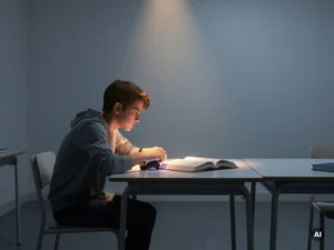 Student leunt voorover aan bureau, gefascineerd door verlichte gamecontroller naast open leerboek in minimalistisch klaslokaal.