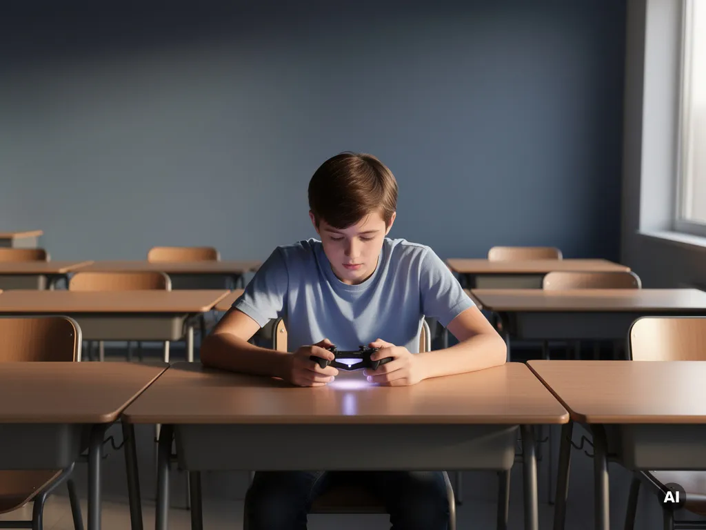 Student leunt voorover naar een gloeiende gamecontroller op een lege klassentafel, omringd door onbezette stoelen in zacht blauw-amberlich.