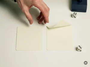 Hand van student boven twee antwoordkaarten op wit bureau, met een dobbelsteen die twijfel tussen kennis en toeval symboliseert.