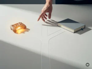 Studentenhand boven een kruispunt in wit bureau, met gloeiende gamecontroller en studieboek als keuzemogelijkheden.
