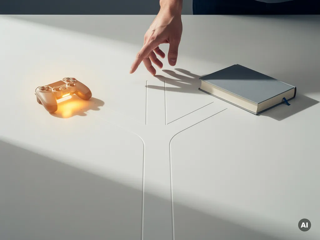 Studentenhand boven een kruispunt in wit bureau, met gloeiende gamecontroller en studieboek als keuzemogelijkheden.