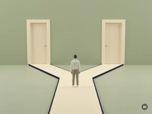 Student op een splitsing tussen twee abstracte doorgangen in een minimalistische, spelachtige omgeving met salie-groene en ivoorkleurige tinten.
