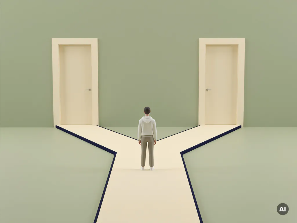 Student op een splitsing tussen twee abstracte doorgangen in een minimalistische, spelachtige omgeving met salie-groene en ivoorkleurige tinten.