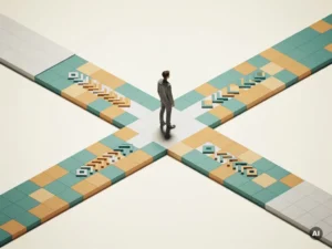 Student op een kruispunt in isometrische spelomgeving met geometrische tegels in blauwgroen en amber, symboliseert een keuze met gevolgen.