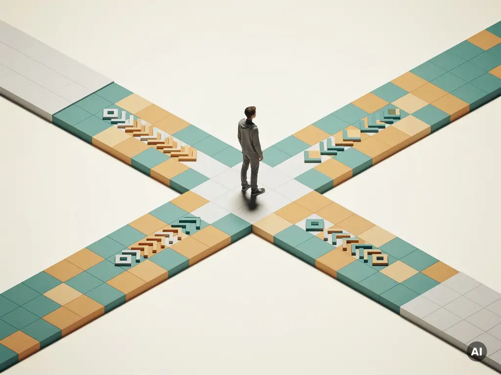Student op een kruispunt in isometrische spelomgeving met geometrische tegels in blauwgroen en amber, symboliseert een keuze met gevolgen.