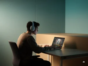 Student met draadloze koptelefoon verdiept in digitale roleplaysimulatie op laptop aan minimalistisch bureau.