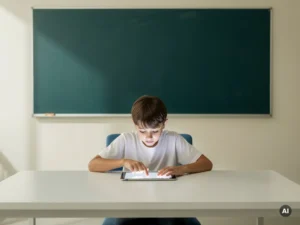 Student leunt over wit bureau en werkt met interactief tablet, leeg schoolbord op de achtergrond in rustgevende teal tinten.