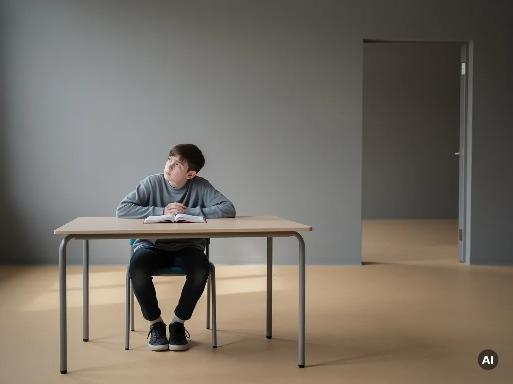 Student zit lusteloos in stoel met open, ongelezen studieboek op bureau, blik gericht op lege deuropening in minimalistische klas.