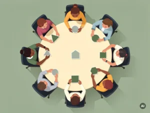 Diverse studenten rond een ronde tafel met geometrische spelstukken, één lege stoel met onopgeëist stuk in het midden.