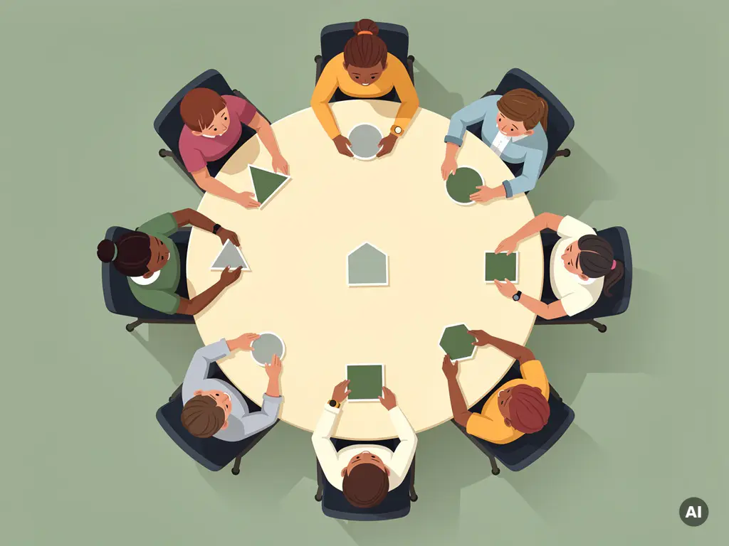Diverse studenten rond een ronde tafel met geometrische spelstukken, één lege stoel met onopgeëist stuk in het midden.