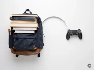 Versleten schooltas en studieboeken naast een game controller op wit bureau, balans tussen studie en gaming.