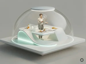 Jonge professional oefent een vaardigheid in een digitale sandbox-omgeving met een transparante beschermende koepel, mint en amber kleurenpalet.